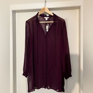 ‼️SALE‼️Purple/Burgundy sheer blouse with ruffle/tie neck